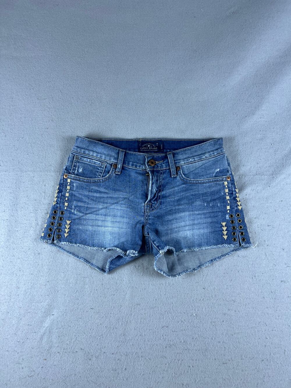 Lucky Brand Malibu Shorts Womens 00/24 Blue Low Rise Cut-Off Eyelets Embroidered